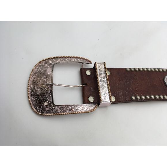 Al Beres Oversized Brown Leather Sterling Plate Western Belt Embossed Flowers - Picture 2 of 10